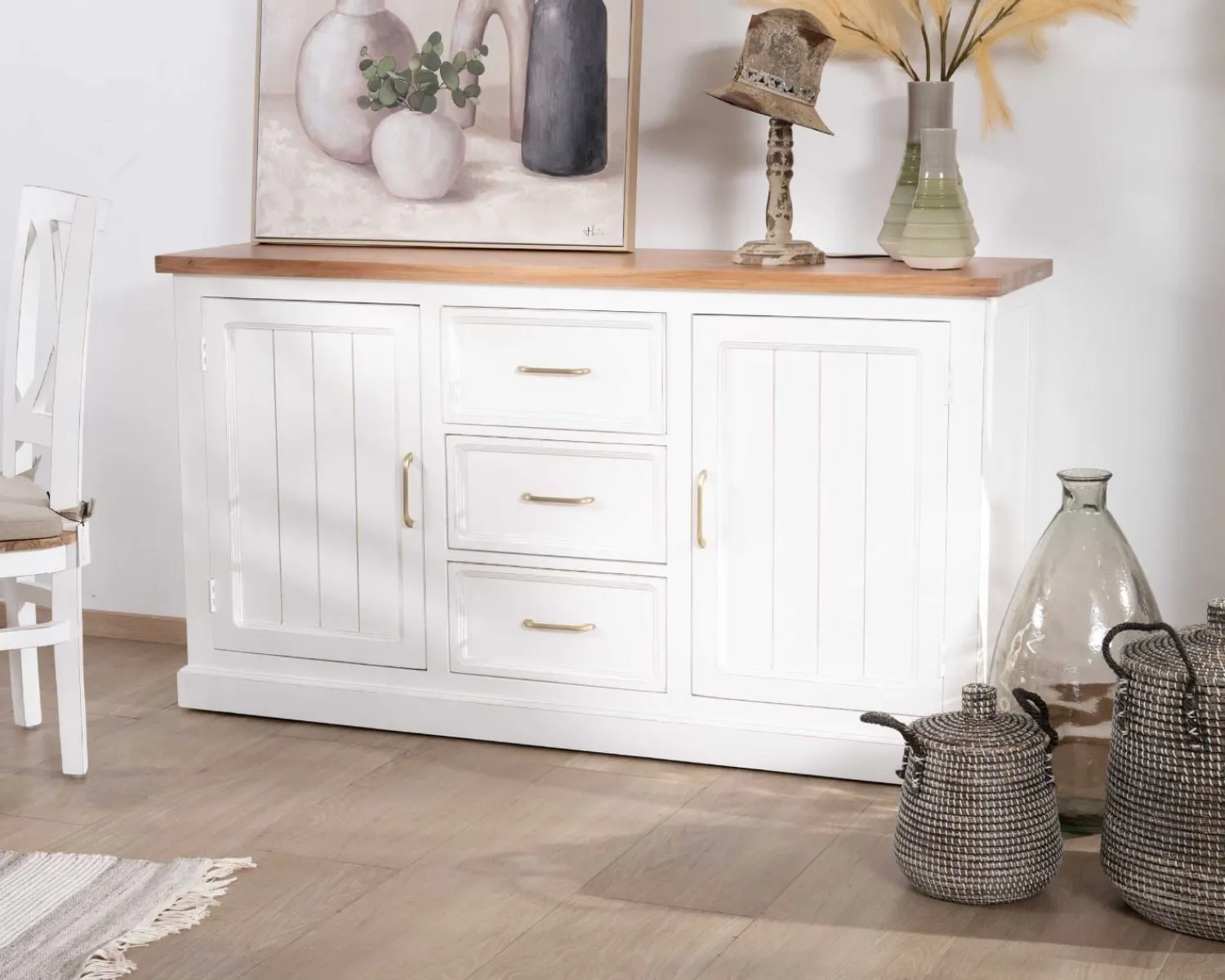 Meuble House Buffet en acacia blanc 165cm et plateau naturel "Trégastel" Online