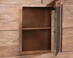 Meuble House Buffet haut avec éclairage LED en acacia massif et placage pierre