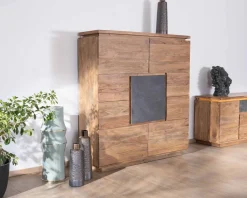 Meuble House Buffet haut avec éclairage LED en acacia massif et placage pierre
