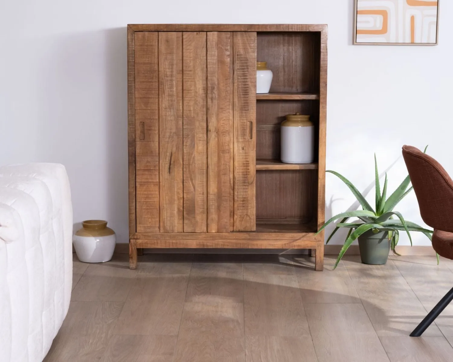 Meuble House Buffet haut 2 portes coulissantes en manguier massif "Aruna" style chaleureux Clearance