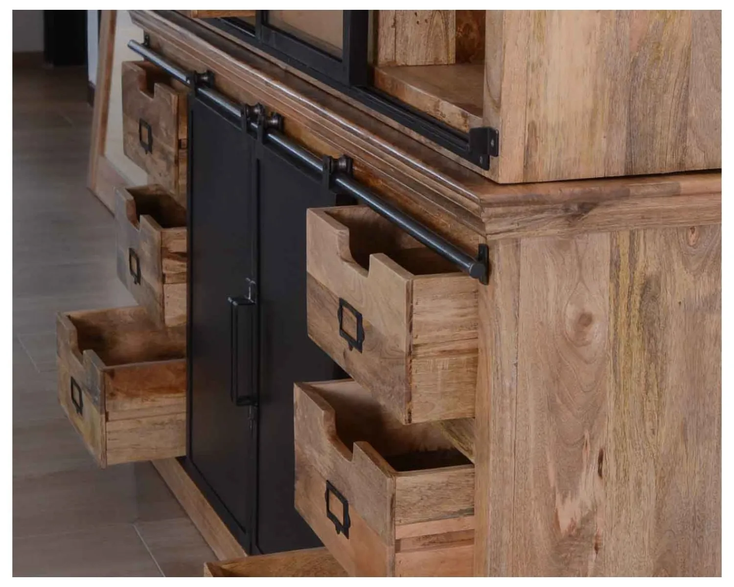 Meuble House Buffet haut style atelier portes coulissantes métal bois massif "Haden" Clearance