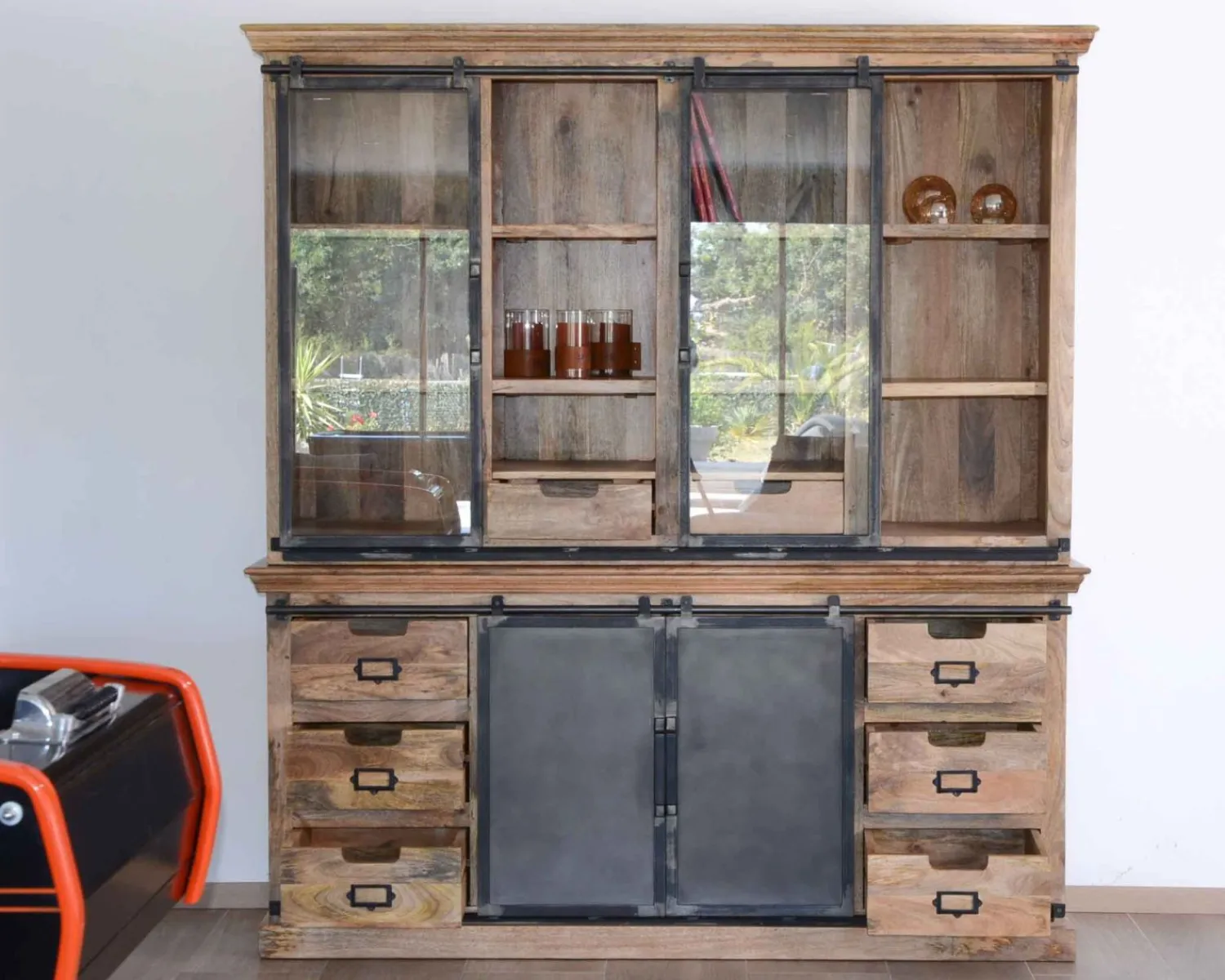 Meuble House Buffet haut style atelier portes coulissantes métal bois massif "Haden" Clearance