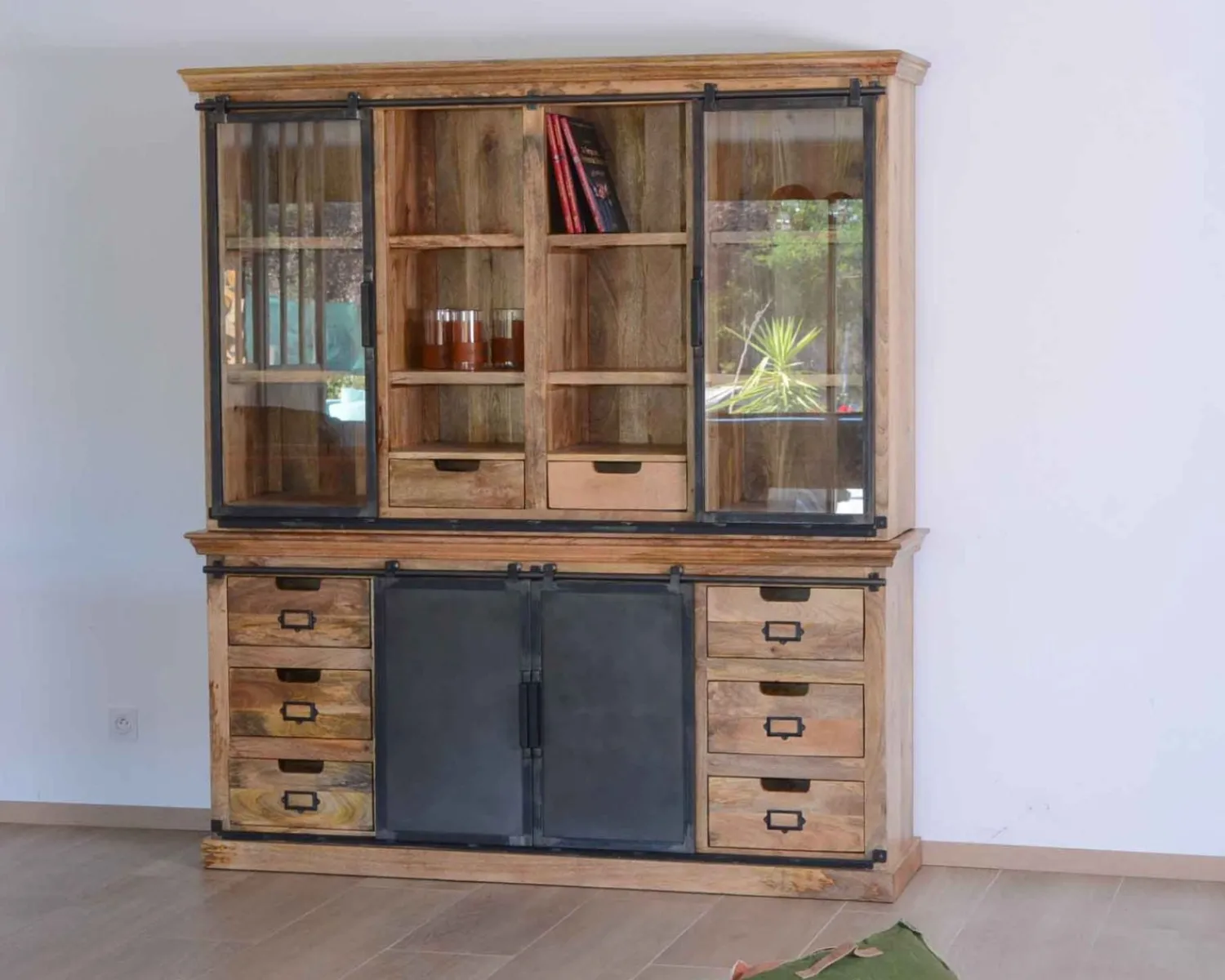 Meuble House Buffet haut style atelier portes coulissantes métal bois massif "Haden" Clearance