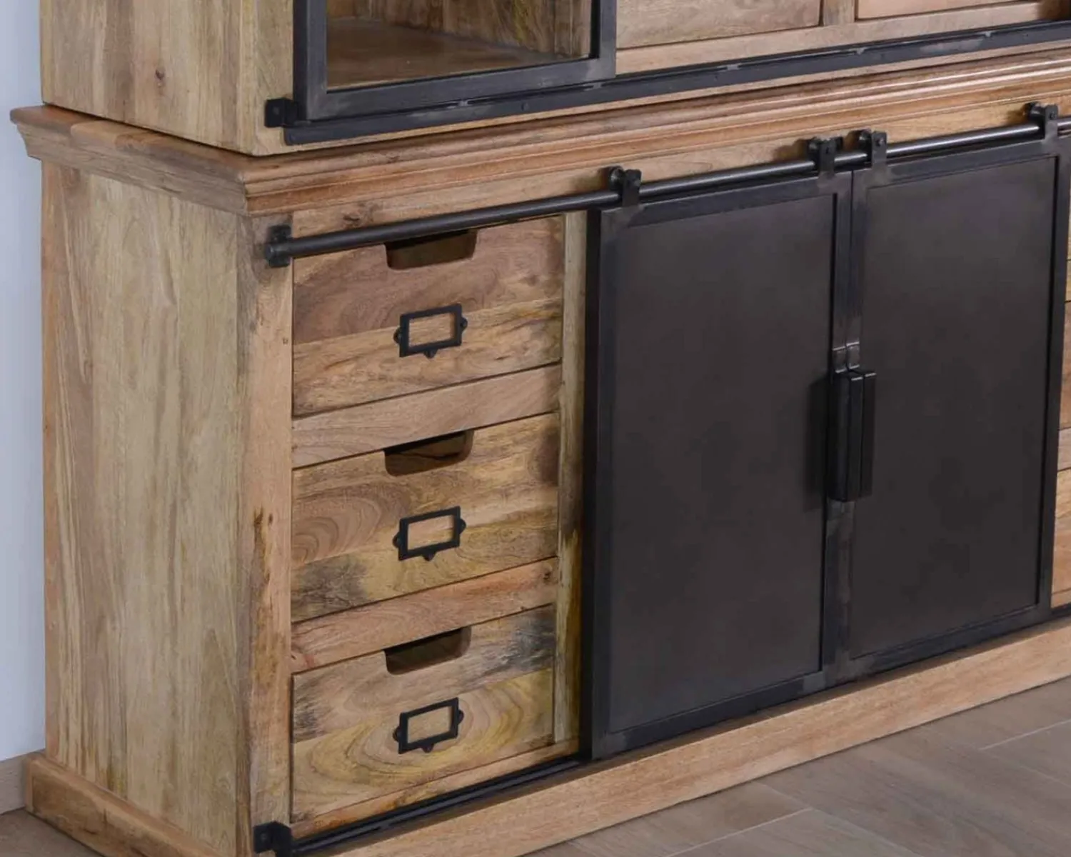 Meuble House Buffet haut style atelier portes coulissantes métal bois massif "Haden" Clearance