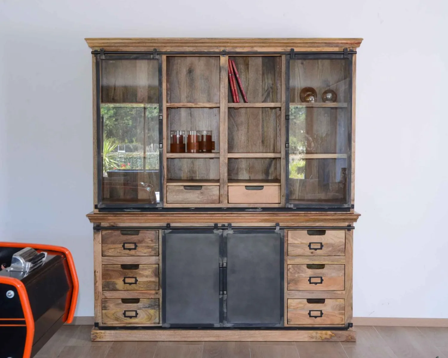 Meuble House Buffet haut style atelier portes coulissantes métal bois massif "Haden" Clearance