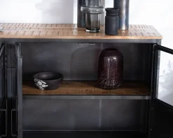 Meuble House Buffet industriel vitré en métal et bois exotique 180 cm