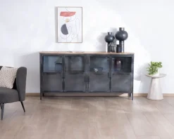 Meuble House Buffet industriel vitré en métal et bois exotique 180 cm