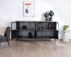 Meuble House Buffet industriel vitré en métal et bois exotique 180 cm