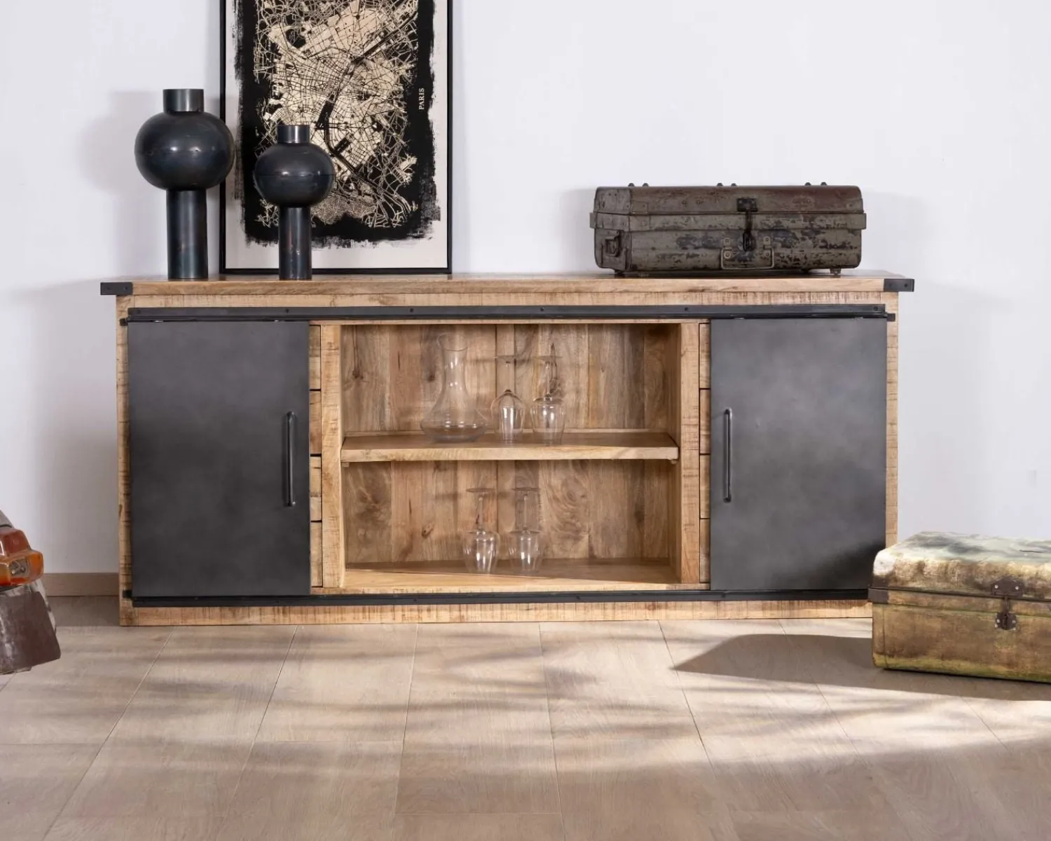Meuble House Buffet métal et bois 200cm portes coulissantes "Caractère" New