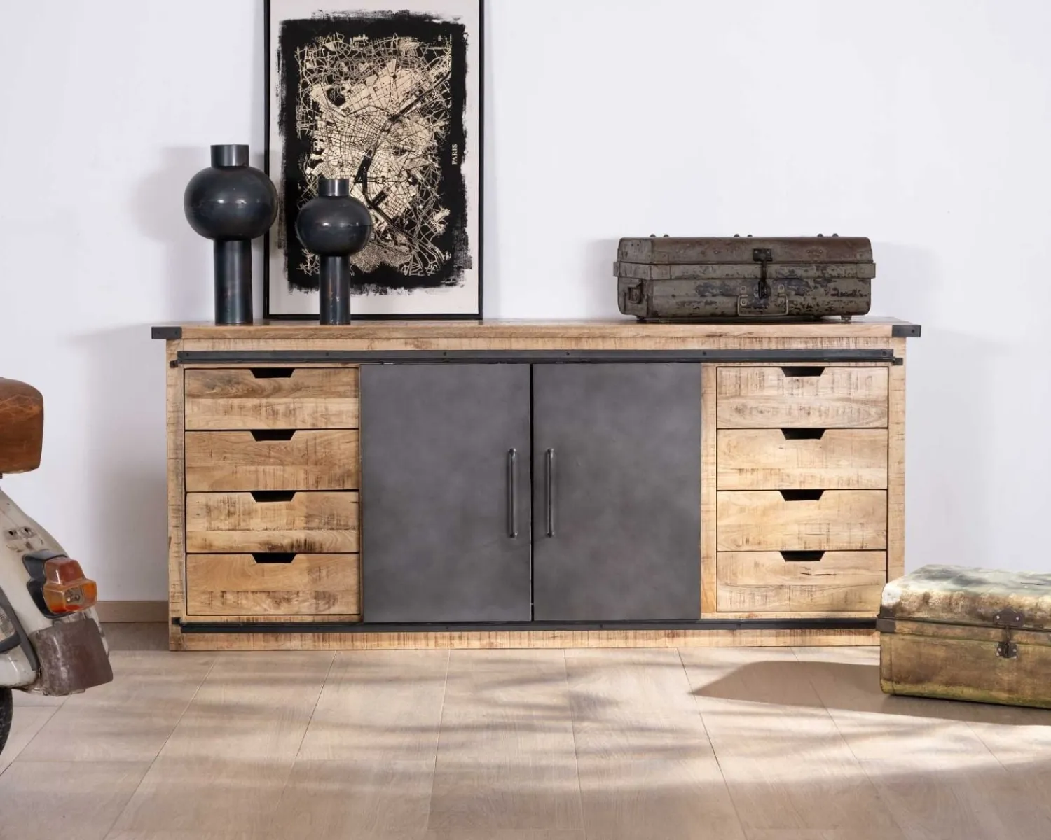 Meuble House Buffet métal et bois 200cm portes coulissantes "Caractère" New