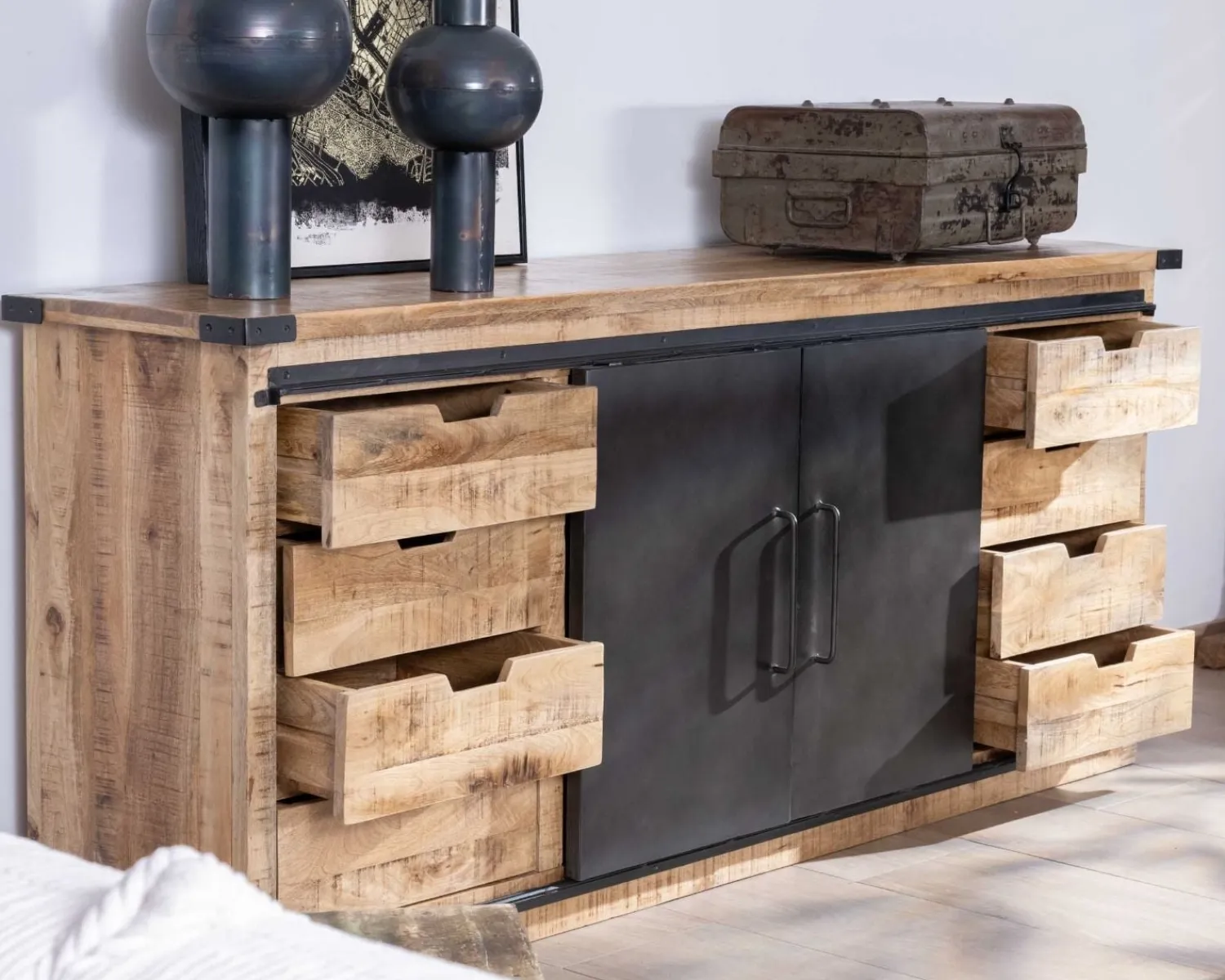 Meuble House Buffet métal et bois 200cm portes coulissantes "Caractère" New