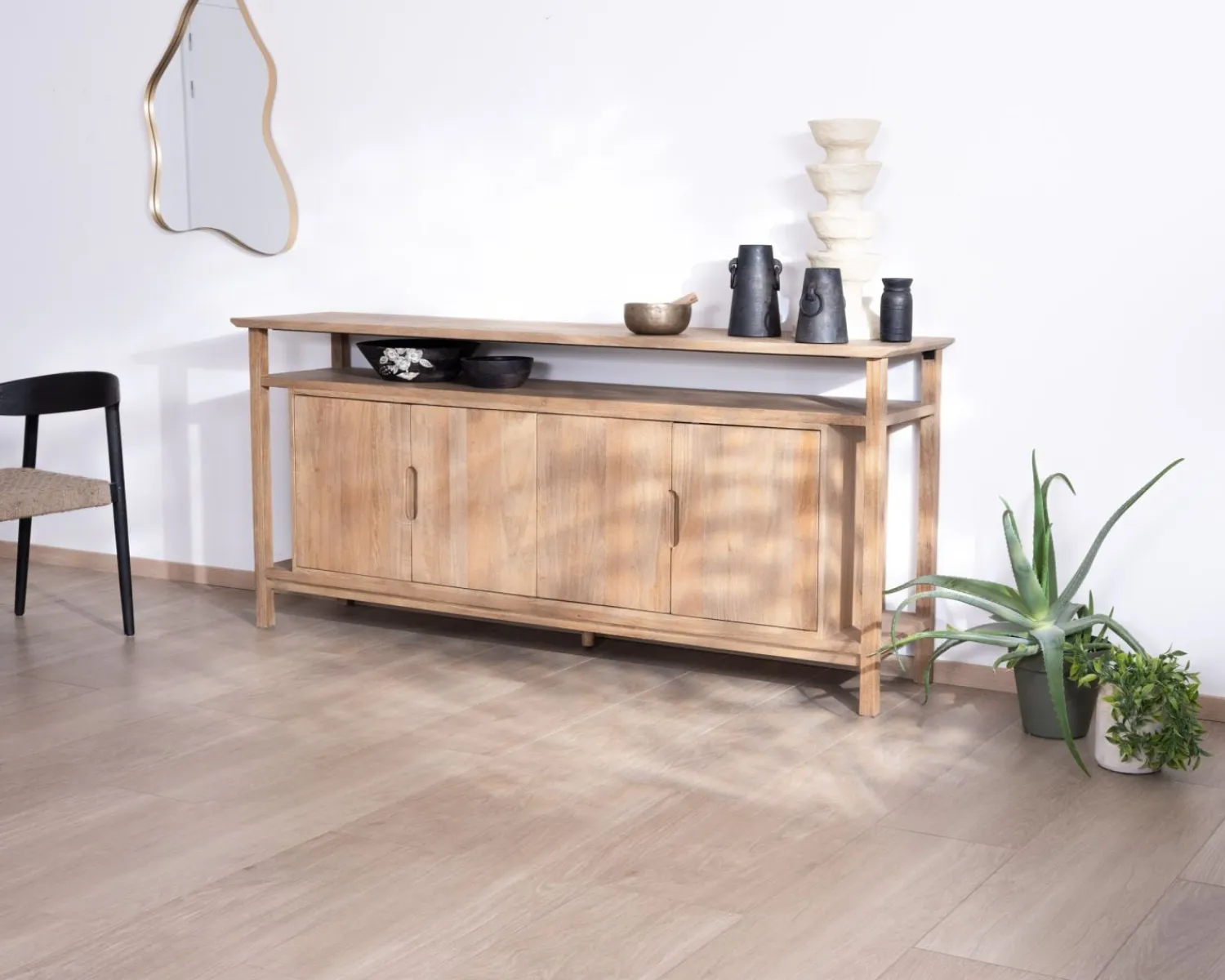 Meuble House Buffet 4 portes style Japandi en manguier massif "Haya" 200 cm Outlet