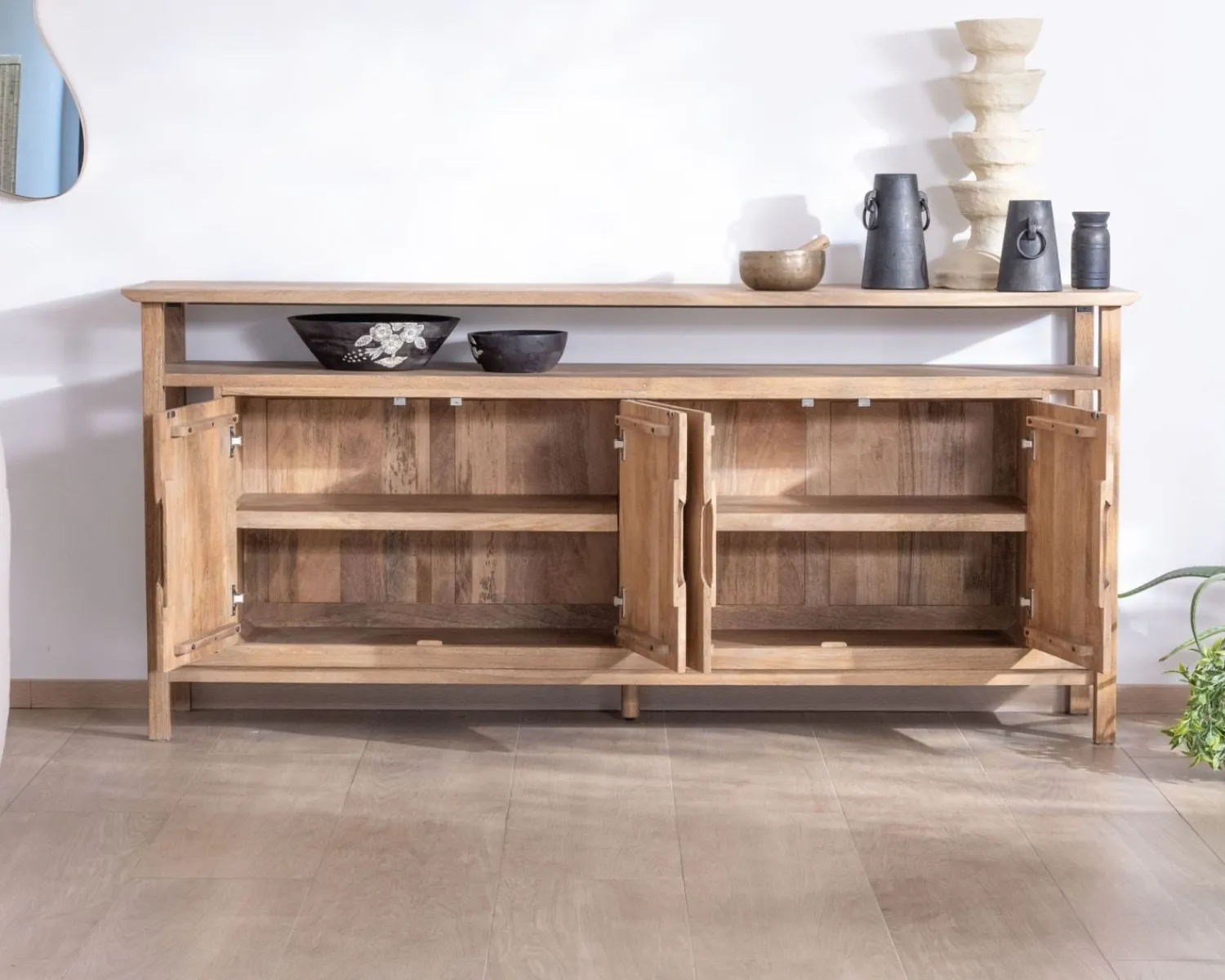 Meuble House Buffet 4 portes style Japandi en manguier massif "Haya" 200 cm Outlet