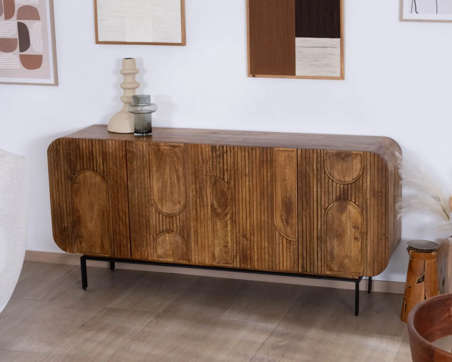 Meuble House Buffet 4 portes style newtro en manguier "Moky" 175 cm