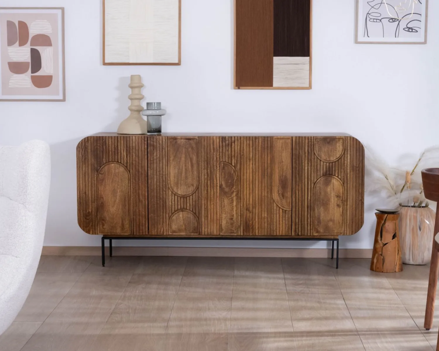 Meuble House Buffet 4 portes style newtro en manguier "Moky" 175 cm