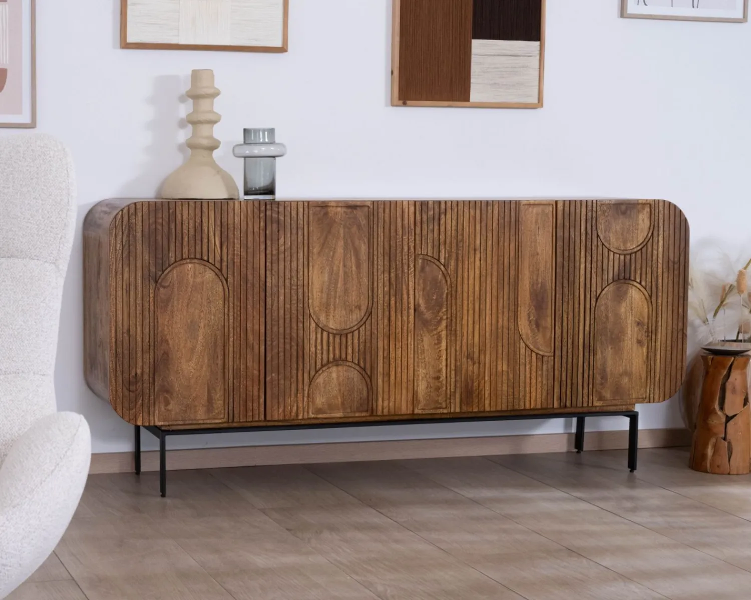 Meuble House Buffet 4 portes style newtro en manguier "Moky" 175 cm