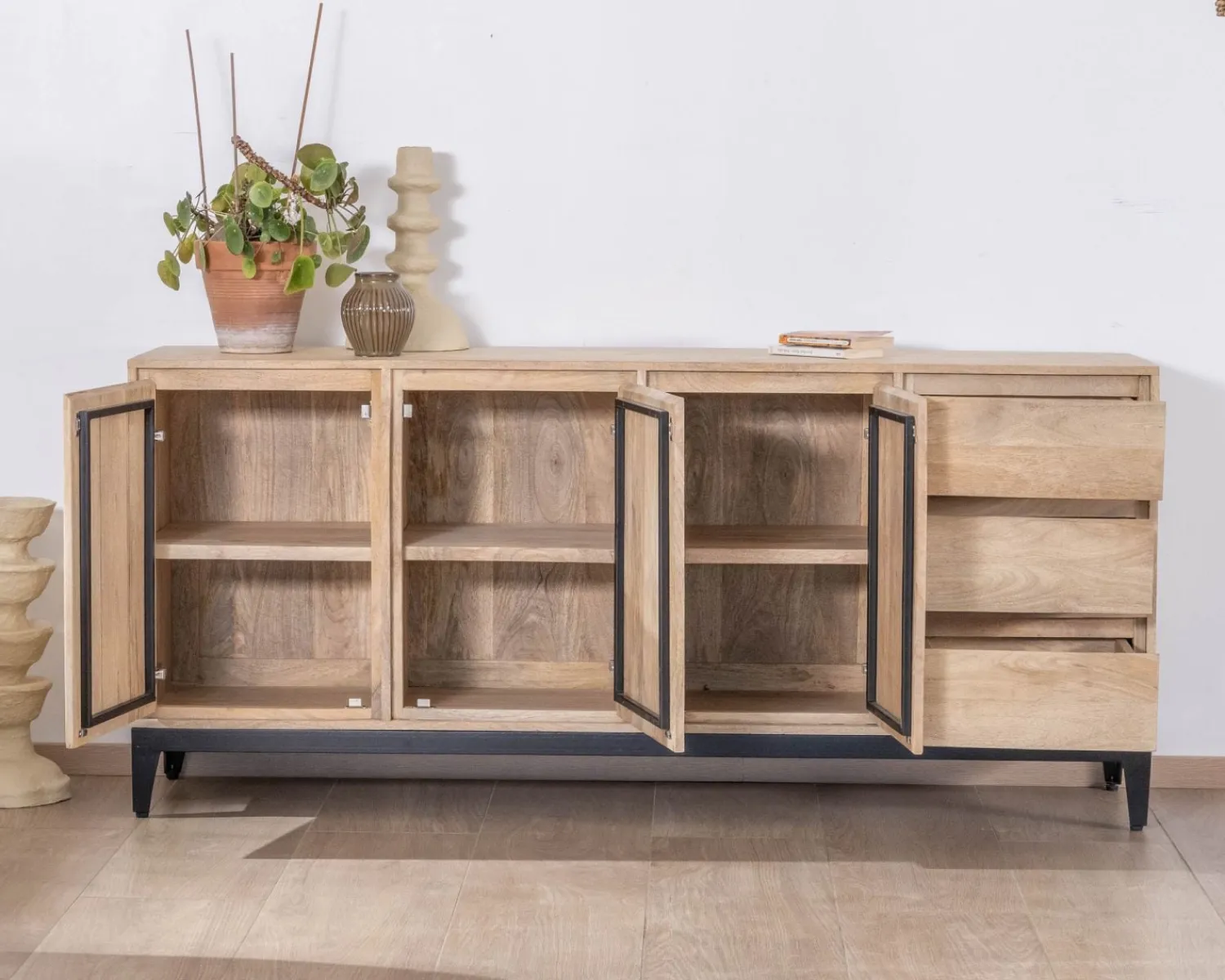Meuble House Buffet épuré en manguier massif 180 cm 3 portes et tiroirs "Gola" Sale