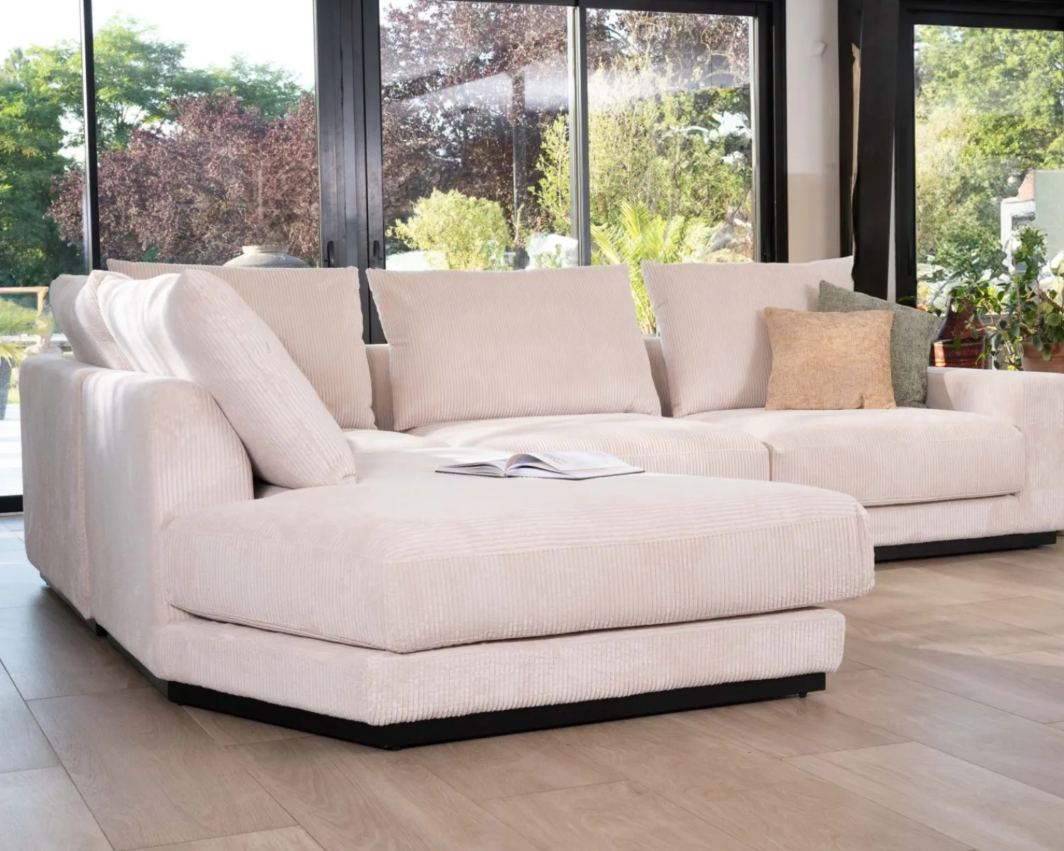 Meuble House Canapé confort en velours côtelé beige avec méridienne design "Cyrano" Clearance