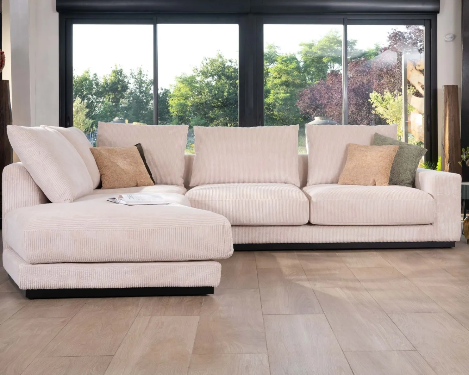 Meuble House Canapé confort en velours côtelé beige avec méridienne design "Cyrano" Clearance