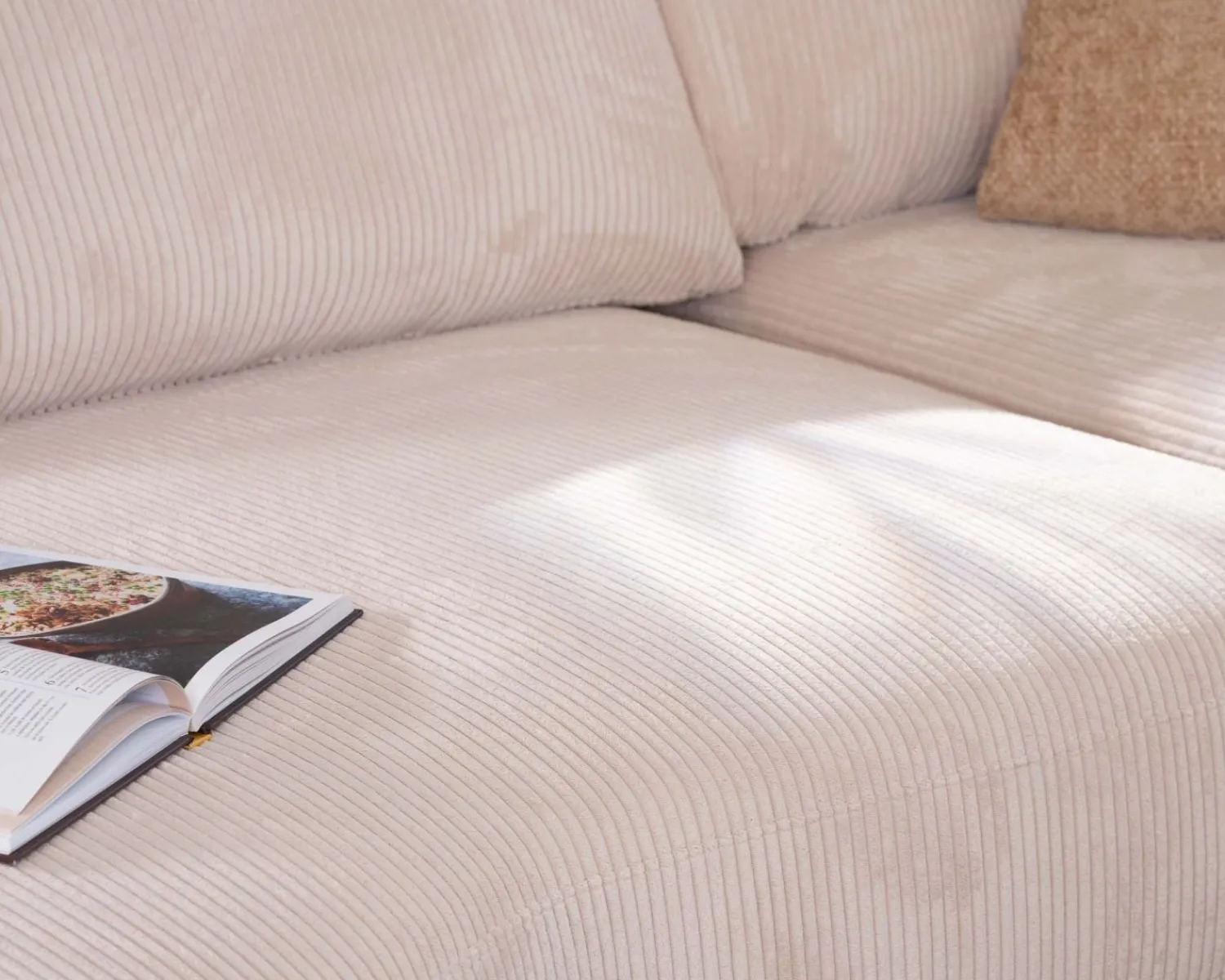 Meuble House Canapé confort en velours côtelé beige avec méridienne design "Cyrano" Clearance