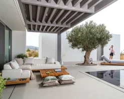 Meuble House Canapé d'angle pour terrasse et jardin en tissu Sunbrella écru 