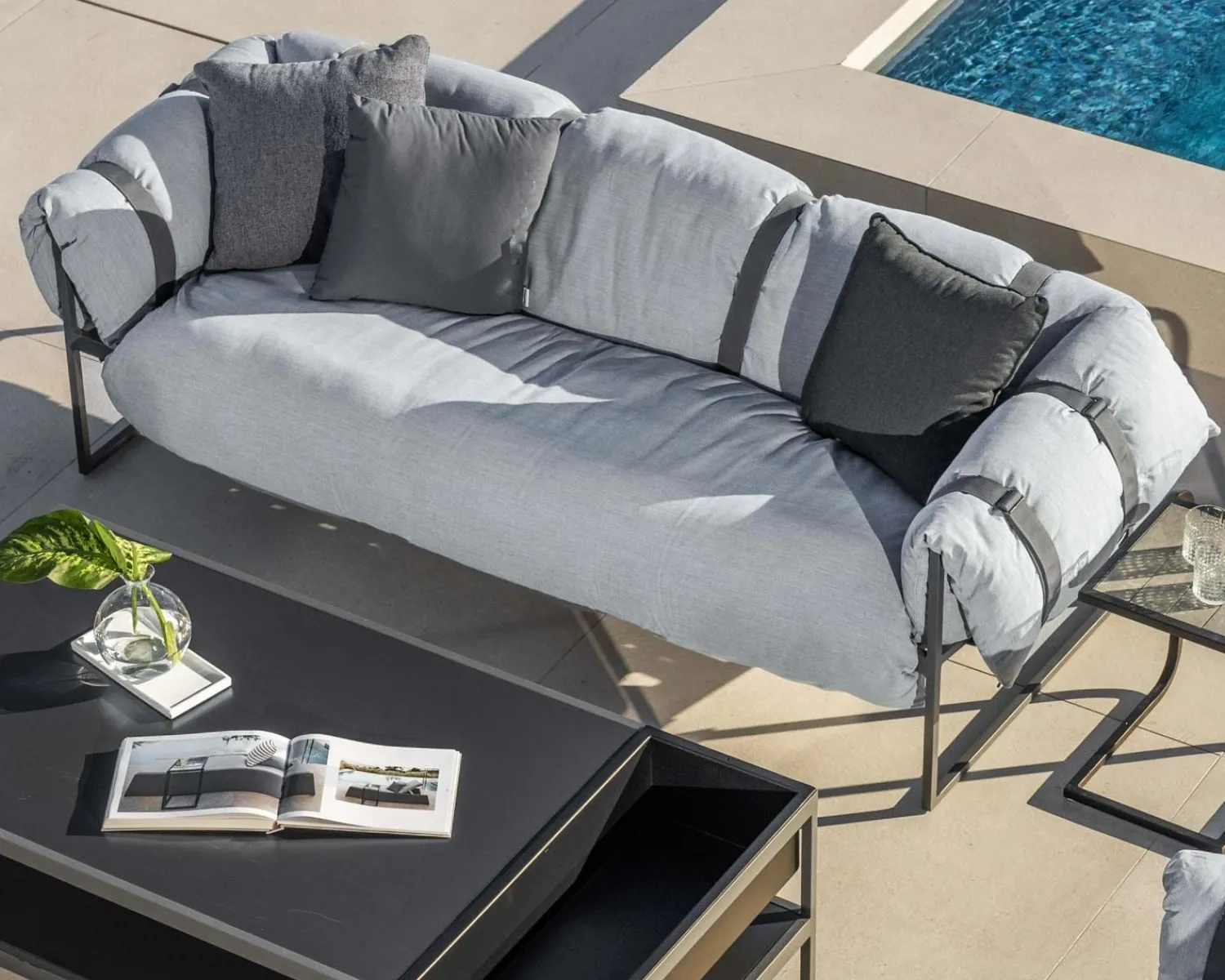 Meuble House Canapé de terrasse 3 places matelassé tissu Sunbrella gris clair "Paquetage" Discount