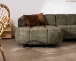 Meuble House Canapé en tissu vert avec extension électrique et méridienne retour gauche 