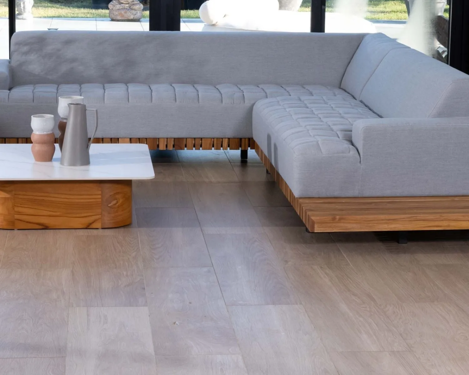 Meuble House Canapé haut de gamme avec retour droit tissu Sunbrella gris clair "Lombok" Online