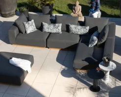 Meuble House Canapé modulaire d'extérieur en teck et tissu anthracite "Armando" en angle avec ottoman New