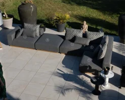 Meuble House Canapé modulaire d'extérieur en teck et tissu gris chiné "Armando" en angle avec ottoman Clearance