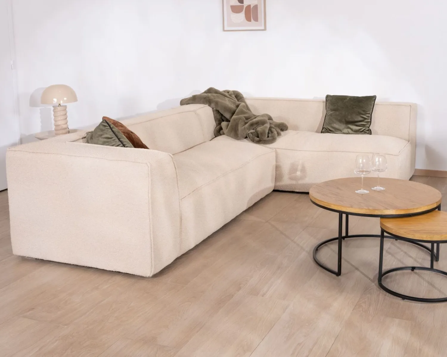 Meuble House Canapé modulaire en angle en tissu bouclette beige "Alcazar" Outlet