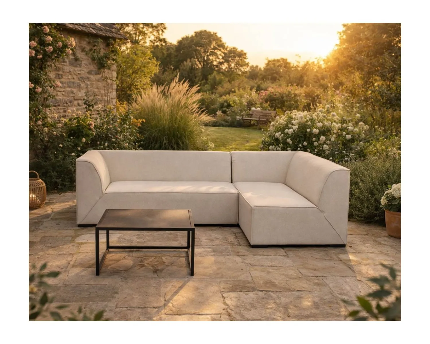 Meuble House Canapé outdoor en 2 modules "Sunset Bay" tissu spécial extérieur crème Hot