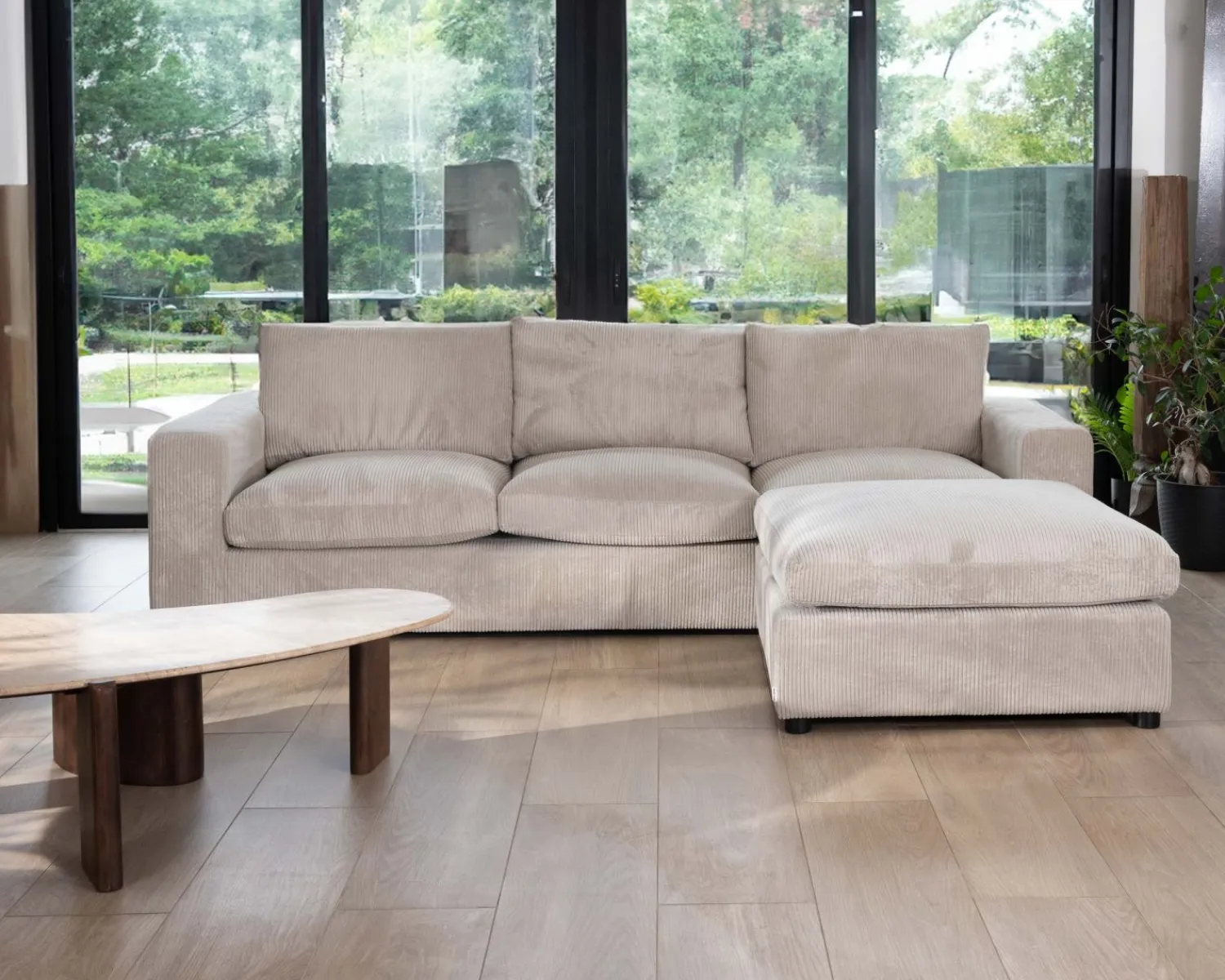 Meuble House Canapé 3 places avec pouf ottoman carré en velours côtelé gris chaud "Tuléar" Sale