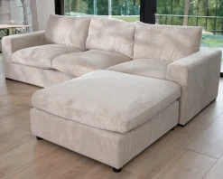 Meuble House Canapé 3 places avec pouf ottoman carré en velours côtelé gris chaud