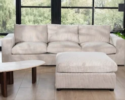 Meuble House Canapé 3 places avec pouf ottoman carré en velours côtelé gris chaud