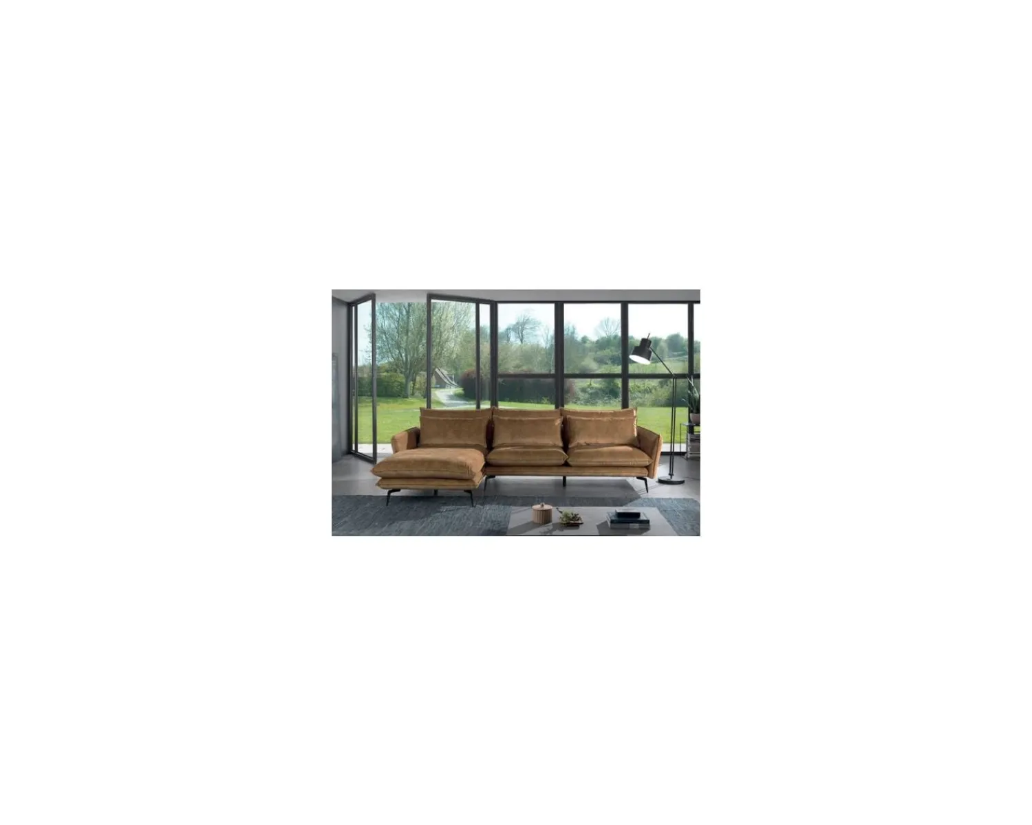 Meuble House Canapé retour gauche style vintage "Eden" tissu ocre effet velours lisse Sale