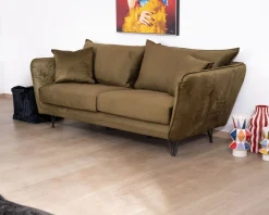 Meuble House Canapé ultra confort 3 places tissu doux kaki et pieds métal