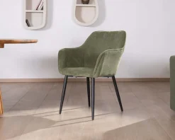 Meuble House Chaise contemporaine avec accoudoirs "Scotty" en velours vert kaki et pieds métal noir