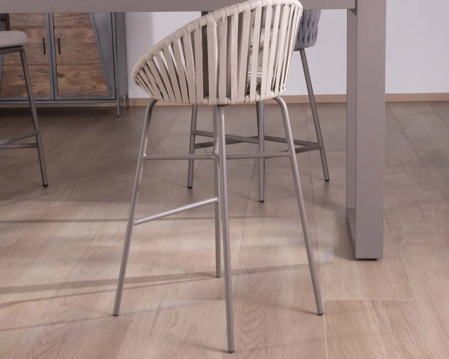 Meuble House Chaise de bar d'extérieur en aluminium gris champagne et dossier en corde tendue Discount