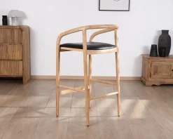 Meuble House Chaise de bar épurée en acacia naturel et assise PU noir "Vogue" Best