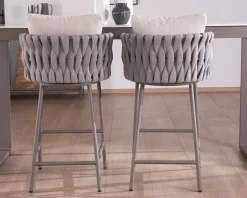 Meuble House Chaise de bar ultra chic dossier en tissu tressé gris et pieds aluminium