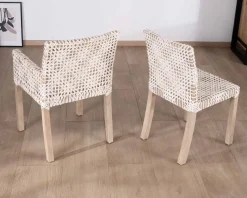 Meuble House Chaise de repas avec accoudoirs en cuir blanc tressé et teck