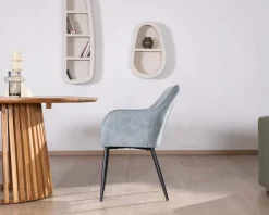 Meuble House Chaise de repas contemporaine en velours côtelé bleu clair et pieds métal noir 