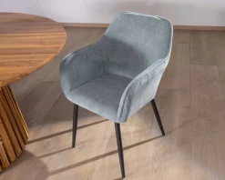 Meuble House Chaise de repas contemporaine en velours côtelé bleu clair et pieds métal noir 