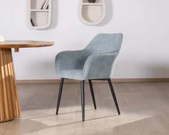 Meuble House Chaise de repas contemporaine en velours côtelé bleu clair et pieds métal noir 