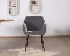 Meuble House Chaise de repas contemporaine en tissu velours gris foncé "Scotty" avec accoudoirs et pieds métal noir Clearance