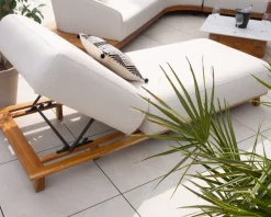 Meuble House Chaise longue luxueuse teck et tissu écru sans surpiqure 