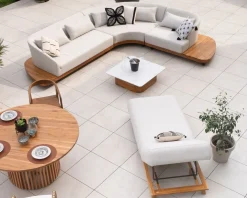 Meuble House Chaise longue luxueuse teck et tissu écru sans surpiqure 