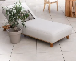 Meuble House Chaise longue luxueuse teck et tissu écru sans surpiqure 