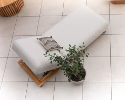 Meuble House Chaise longue luxueuse teck et tissu écru sans surpiqure 